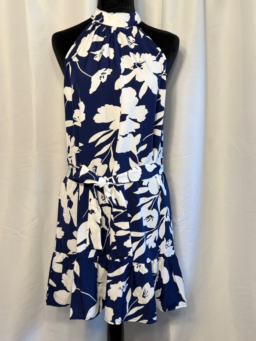 Source Unknown Navy and White Floral Halter Midi Dress